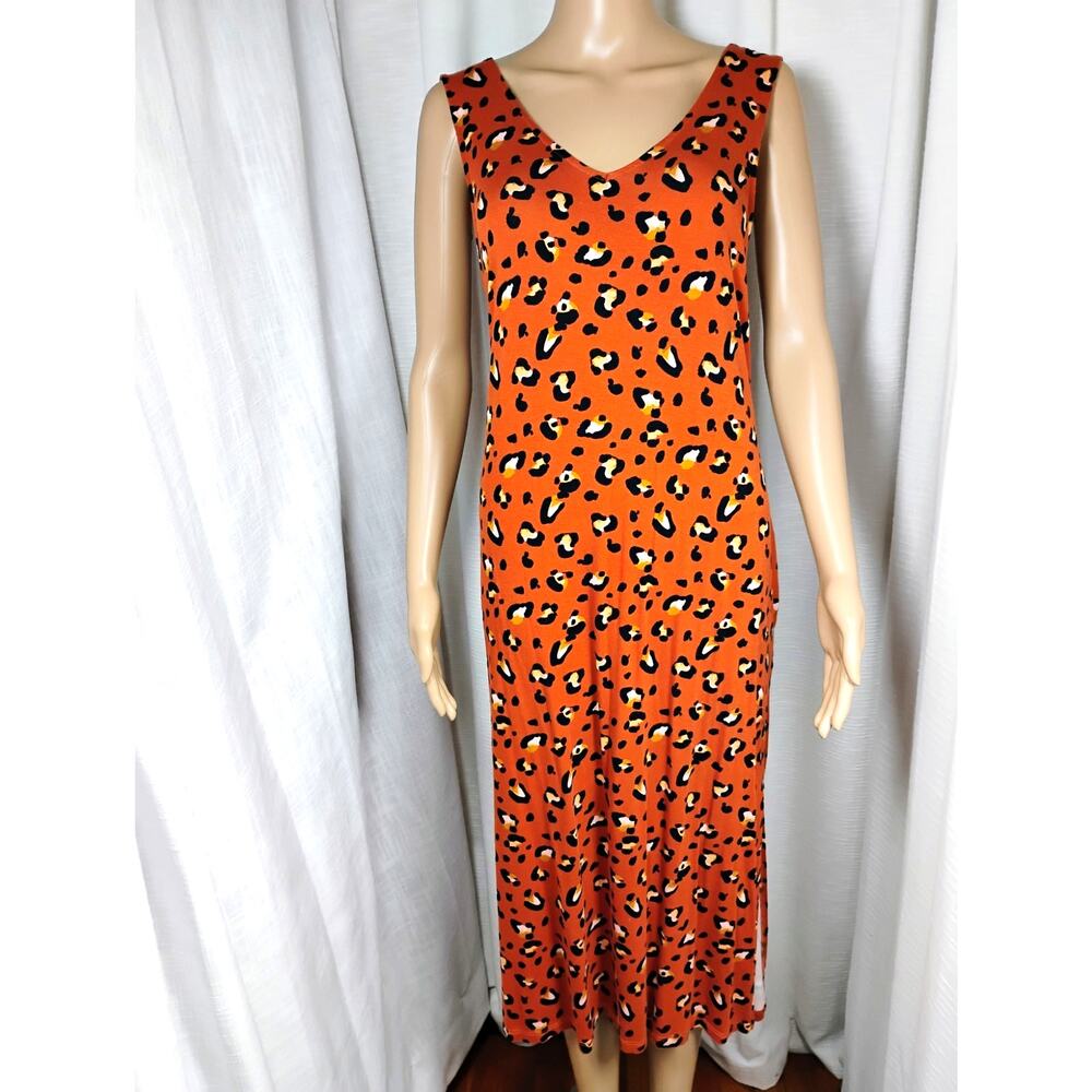 Joyspun Womens L 12 14 Leopard Print Maxi Dress Stretch Knit V Neck Mob Wife